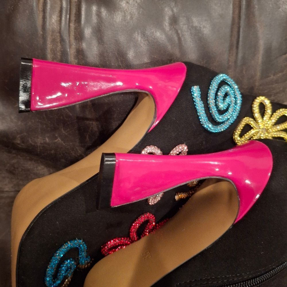 Betsey Johnson Black Ankle Boots with Multicolor Embellishments - Picture 11 of 14